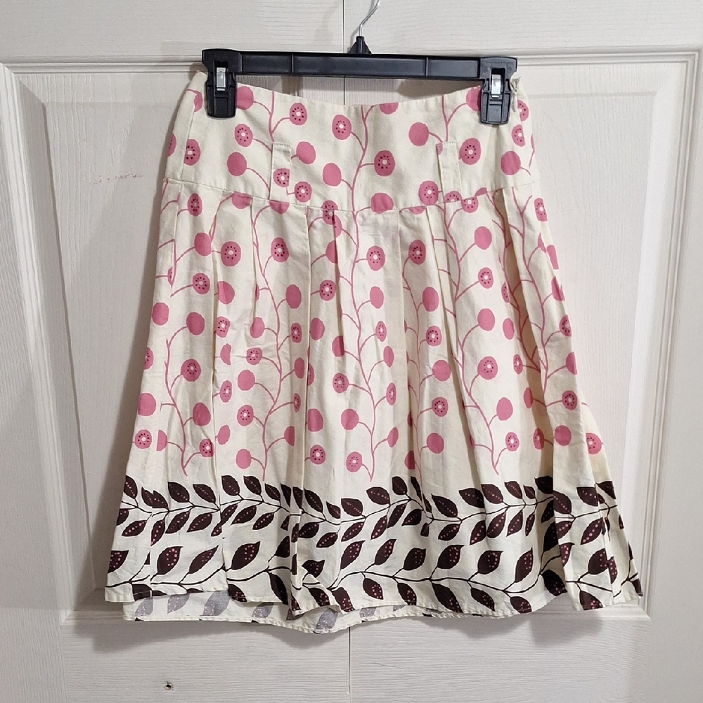 XOXO Cream Cotton Pink Floral A-Line Skirt - Brown Leaf Border - 0/0